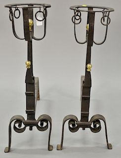Pair of iron andirons with circular tops on plain shafts with scrolled feet and brass trim, 19th century. 
ht. 29 in.; dp. 32 in.