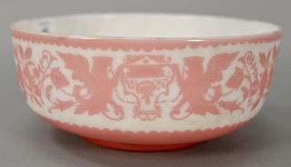 Mt. Washington pink cameo glass bowl, acid etched pink to white color with overall flowers and chained griffins. 
ht. 3 3/4 in.; dia...