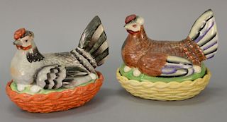 Two Staffordshire covered chickens. 
ht. 7 1/2 in.; lg. 9 in.