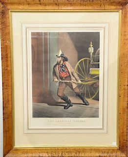 Currier & Ives after Louis Maurer 
Set of four hand colored lithographs 
The American Fireman 
(1) Always Ready 
sight size 19 1/2" ...