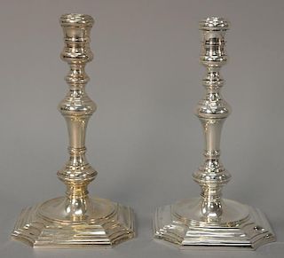 Pair of English silver candlesticks with turned shafts on modified square bases, marked Aspre London. ht. 9 in.; 49.4 t oz.