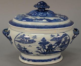 Nanking export covered tureen, oval form with large finial and two entwined handles on footed base with scenic panels. ht. 10 1/2 i...