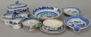 Eleven piece group of Canton to include two leaf shaped dishes, a small covered tureen, scalloped top bowl, four cups, two small rec...