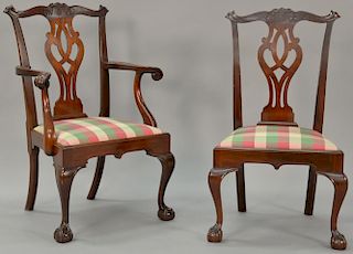 Set of six mahogany Chippendale style dining chairs with pierce carved backs over slip seats set on cabriole legs ending in ball and...