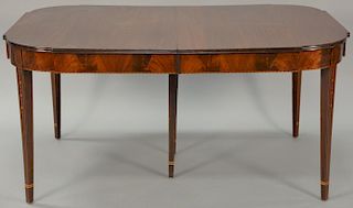 Mahogany Federal style dining table having D shaped ends on conforming frieze all set on square tapered legs with line, diamond, and...