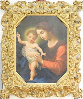 18th/19th Century 
Madonna with Child 
portrait painting 
oil on canvas 
in gilt Florentine frame (some original gilt) 
34" x 26"