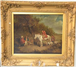 Hunter Approaching Travelers 
oil on canvas 
unsigned 
restretched and relined 
in Victorian frame 
18" x 22"

Provenance: Property ...