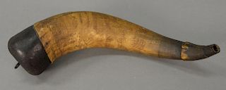Early horn powder horn with animals, boat, fish, man with bow and arrow, trees, and building, marked 1889. lg. 12 in.