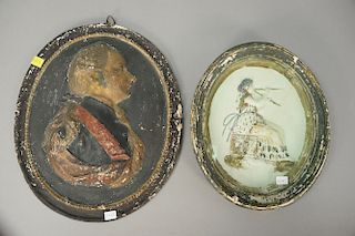Two plaster relief plaques including one of seated woman (crack)and one reinforced plaque of a man probably 18th century. 
woman: 11...