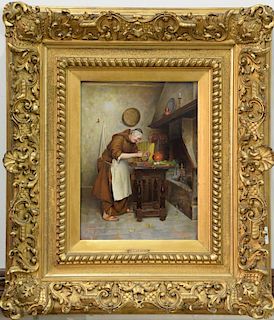 P. Lanzoni Italian Monk Cooking oil on panel signed lower left: P. Lanzoni 15" x 11"