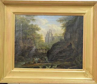 Oil on canvas 
Landscape with Fishermen on Stream and ruins in background 
unsigned 
19th Century  
17" x 20" 

Provenance: Property...
