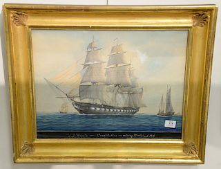 John Faunce Leavitt (1905-1974) 
US Frigate Constitution Entering Marblehead 1814 
gouache and watercolor on paper 
signed lower rig...