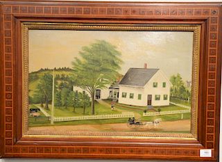 Primitive New England Homestead on a Country Dirt Road with Picket Fence oil on artist board unsigned in Victorian inlaid frame ...