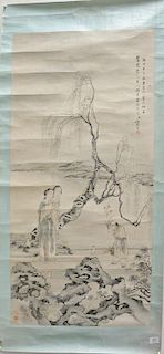 Oriental scroll watercolor on paper of two geishas and a boy in a garden.
