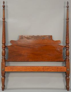 Fineberg mahogany four post bed with spiral tall four posts ending in flame finials and ribbon carved headboard (double size). 
ht. ...