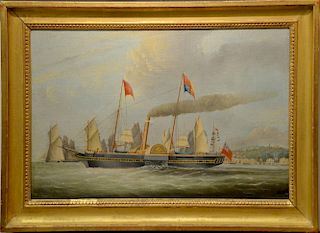 19th Century 
English Paddle Steamship off the Coast 
oil on canvas 
unsigned 
relined, cracklature 
16 1/2" x 25 1/2"
