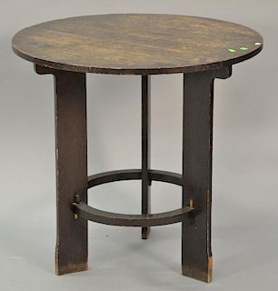Stickley Bros. Mission oak round occasional table, mortised through top, remnant of old paper label (two spline missing). 
ht. 29 in...