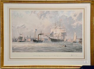 John Stobart (1929) 
Boston, The Celebrated Clippership Lightning Towing out on her Maiden Voyage in 1854 
lithograph 
pencil signed...