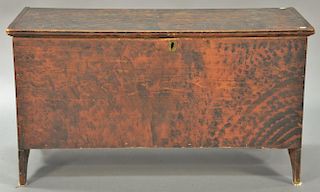 Primitive lift top blanket chest on bootjack ends with original paint. 
ht. 23 in.; top: 17" x 41"