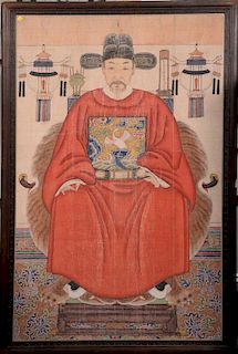 Chinese Ancestral portrait depicting a man dressed in a red robe with a flying crane, seated on a tiger hide upholstered horseshoe b...