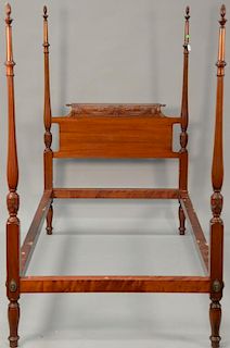 Pair of Fineberg custom mahogany twin size four post beds having fluted posts and flamed finials. 
ht. 66 1/2 in.