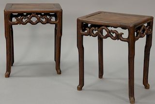 Pair of Qing Dynasty side tables with carved cloud motif friezes, 18th/19th century or earlier.ht. 19 1/2 in.; top 12" x 16"   Provenance: Sothebys 