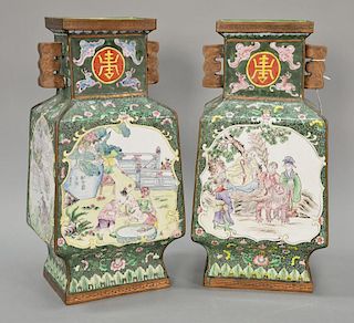 Pair enameled vases, square form decorated with panels of children playing, combative dragons, and scholar with lion figures, signed...