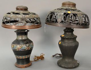 Two lamps including an champleve table lamp and shade having bronze enameled pierced shade on baluster form champleve vase made into...