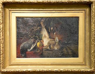 The Kill 
still life with rabbit and a jug 
oil on canvas 
unsigned 
restretched and relined 
in gilt Victorian frame  
16 1/2" x 24...