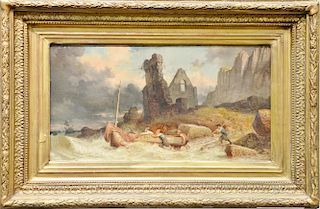 Pushing off to Sea 
with ruins of house in background 
oil on canvas 
signed lower right: 1876 Trontown 
restretched and relined 
23...