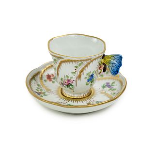 19th C Sevres Porcelain Butterfly Handle Cup & Saucer 