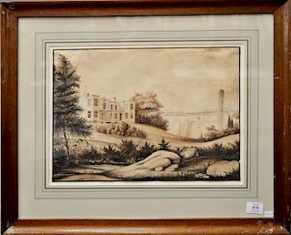 Edward Bourcaud 
Inlet Landscape with a House and Tower 
watercolor on paper 
signed lower right: 1836 Thol? Tower Edward Bourcaud 
...