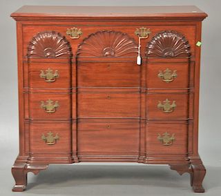 Custom mahogany chest with triple shell carved block front with four drawers on ogee feet, Newport style, 20th century. 
ht. 38 in.;...