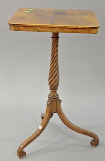 Rosewood and rosewood veneered candlestand with square top on spiral turned shaft. 
ht. 28 1/4 in.; top: 17" x 16 1/2"