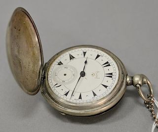 Arabic numeral silver pocket watch having Arabic numbers and enameled dial, works, case, and face signed.