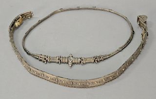 Two European silver belts, possibly Egyptian, one in fishbone rope form, the other with rectangle links.