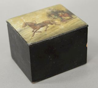 Wood box with hand painted cover depicting three people in horse drawn sleigh, probably Russian, 19th century. 
ht. 2 1/2 in.; wd. 3...