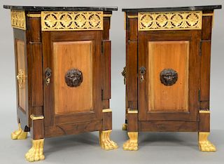 Pair of reproduction marble top stands with gilt decorated drawer and paw feet. 
ht. 31 1/2 in.; top: 20" x 18"