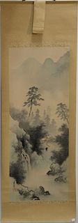 Oriental scroll having watercolor on silk mountainous landscape. 41" x 18"