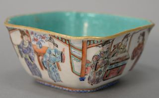 Famille Rose square porcelain bowl with painted scholars and geisha figures with seal marks. 
ht. 2 1/2 in.; dia. 5 1/4 in.