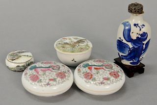 Five piece Chinese group to include a pair of wax seal boxes, an enameled box, Famille Rose round box, and a blue and white porcelai...