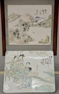 Two small Oriental Chinese plaques, one unframed with three Guanyin figures signed top right and the other framed with mountainous l...