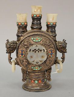 Tibetan jade, coral, azul, and turquoise mounted silver three top urn with foo dog head handles. 
ht. 9 1/2 in.