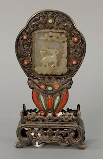 Tibetan jade coral and turquoise mounted silver plaque on stand. 
ht. 6 1/4 in.