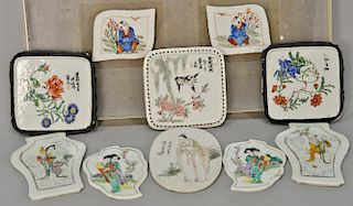 Ten small porcelain Oriental plaques, four pairs hand painted with flowers, geisha, boys, and scholars, one with birds, and one with...