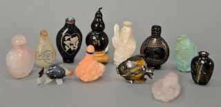 Group of twelve Chinese snuff bottles to include two hardstone in the form of fish, turquoise fish, coral dragon snuff bottle, two p...