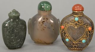 Three hardstone snuff bottles, jade master snuff, spinach jade small snuff bottle, and hardstone mounted with coral and turquoise bo...