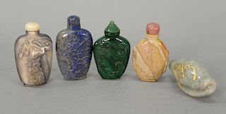 Five Chinese hardstone snuff bottles including malachite dragon snuff bottle. 
ht. 2 1/2 in. to 2 3/4 in.