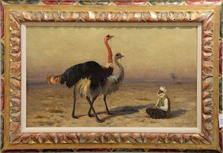 Robert Swain Gifford (1840-1905) Two Ostrich  with MiddleEastern Man oil on canvas signed lower left: R. Swain Gifford sight siz...