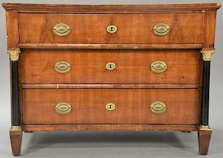 Biedermeier walnut three drawer chest with bronze mounted columns set on plain square tapered feed, 18th century.ht. 34 in.; wd. 46 ...